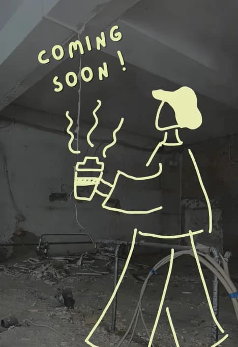 Zeichnung einer Person mit Kaffeebecher auf der Baustelle, Schriftzug coming soon